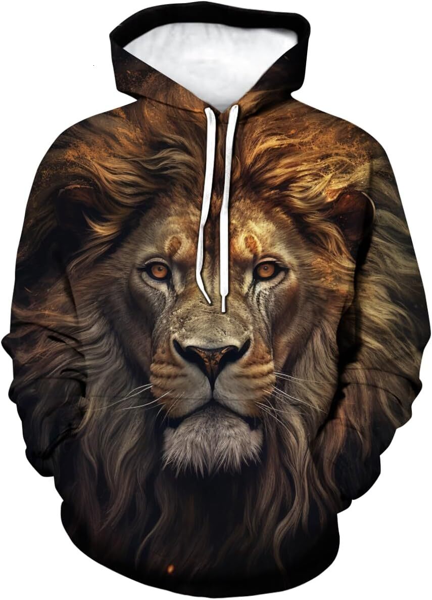 Hoodie for Mens Womens Lion Hoodie Funny Graphic Long Sleeve Sweatshirt Pullover for Men Graphic Hoodies sweatshirt Blue lion Pullover Long Sleeve