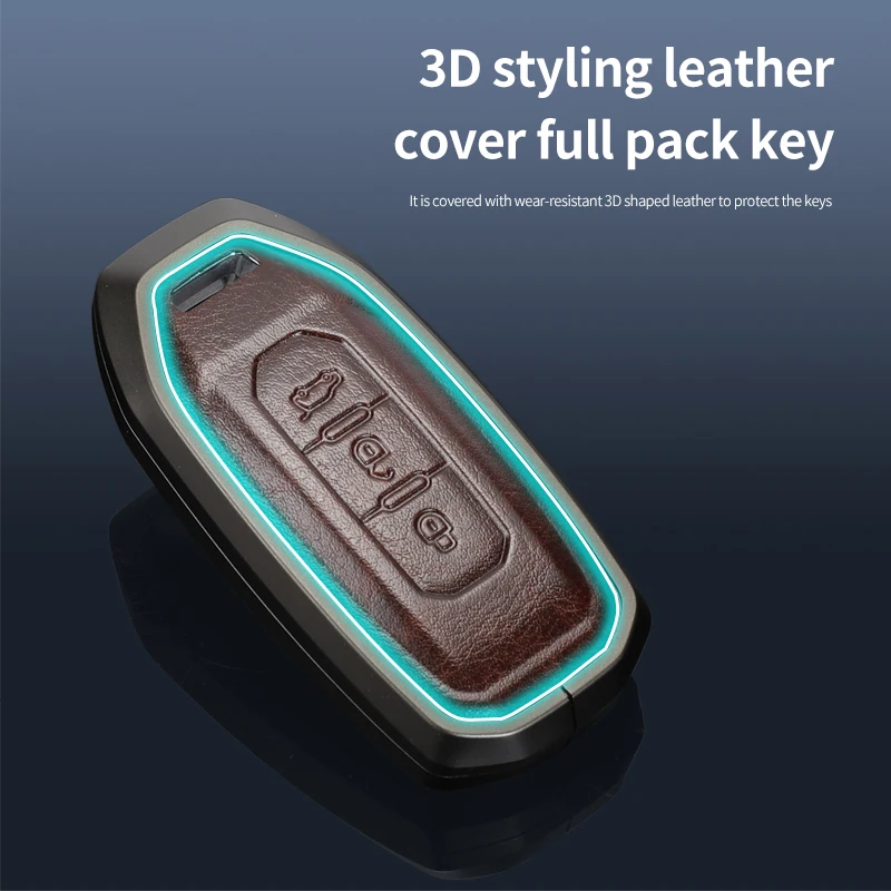 Aluminium new Alloy 2025 Leather Car Remote Key Case Holder Fob for Ford Territory EV Smart 3 Buttons Remote Key Cover Shell Keychain
