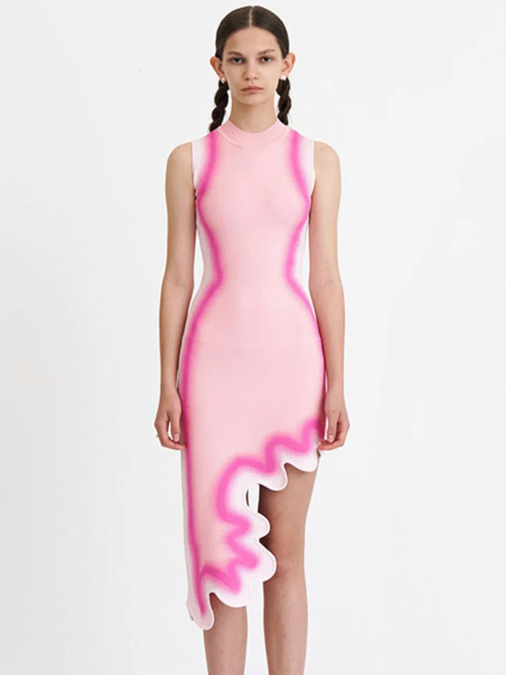 2024 Asymmetrical Modphy Wavy Hem Round Collar Devise Tie Dyeing Printing Pink Knit Sleeveless Dresses Female Knitting Vestido 2