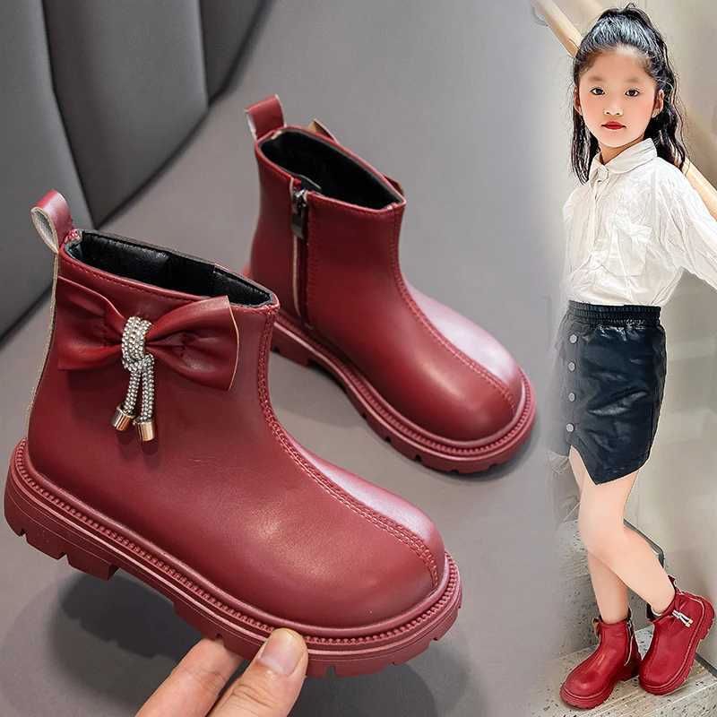 Girls ankle boots black Pu leather bow round toe fashionable childrens autumn boots fashionable bow round toe childrens shoes M241102