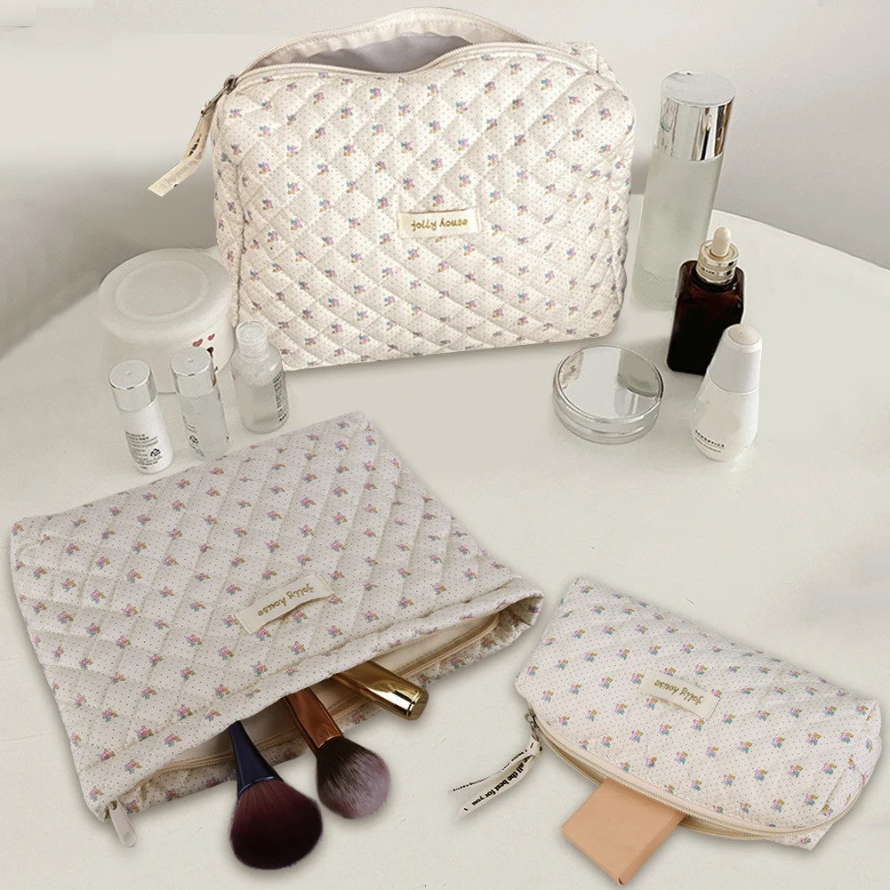 Womens makeup bag zippered makeup storage bag cotton print large capacity daily use bag wallet set 241031