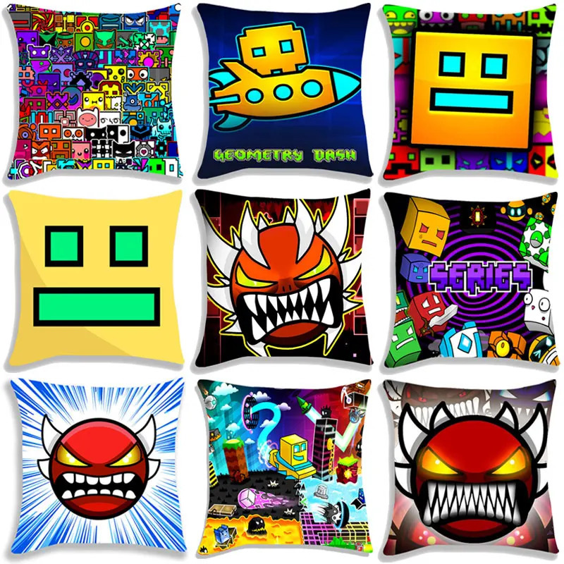 Angry Geometry Dash Print Pillow Case Cartoon Cushion Covers For Sofa Bed Home Decorative Kids Pillowcases 4545cm 240325