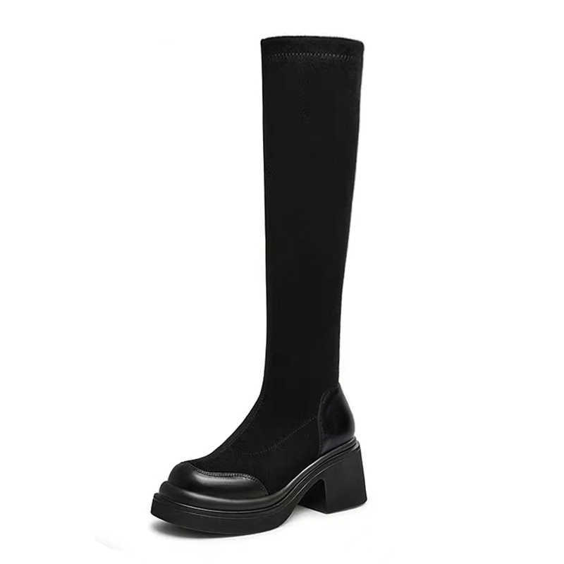 CMM Autumn and Winter Knee High Elastic Boots Womens Korean Version Non Drop Long Tube Boots Suede Slim Fit Leather Slim Boots