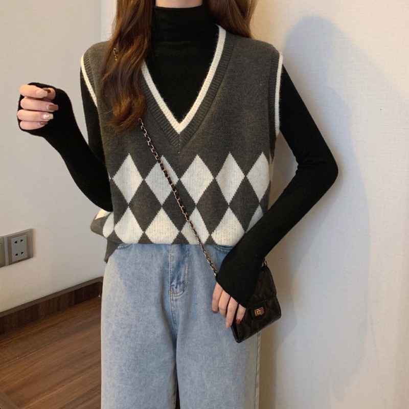 Korean Version Autumn And Winter New Item Loose Outer Diamond Grid Knitted Sweater V Neck Women Vest F1102#29
