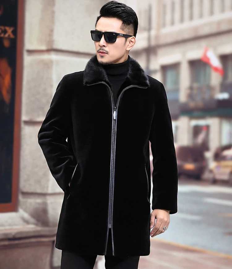 Mens mink coat imitation sheep shear coat mens mink midlength leisure windbreaker middle-aged jacket tideXJ241102