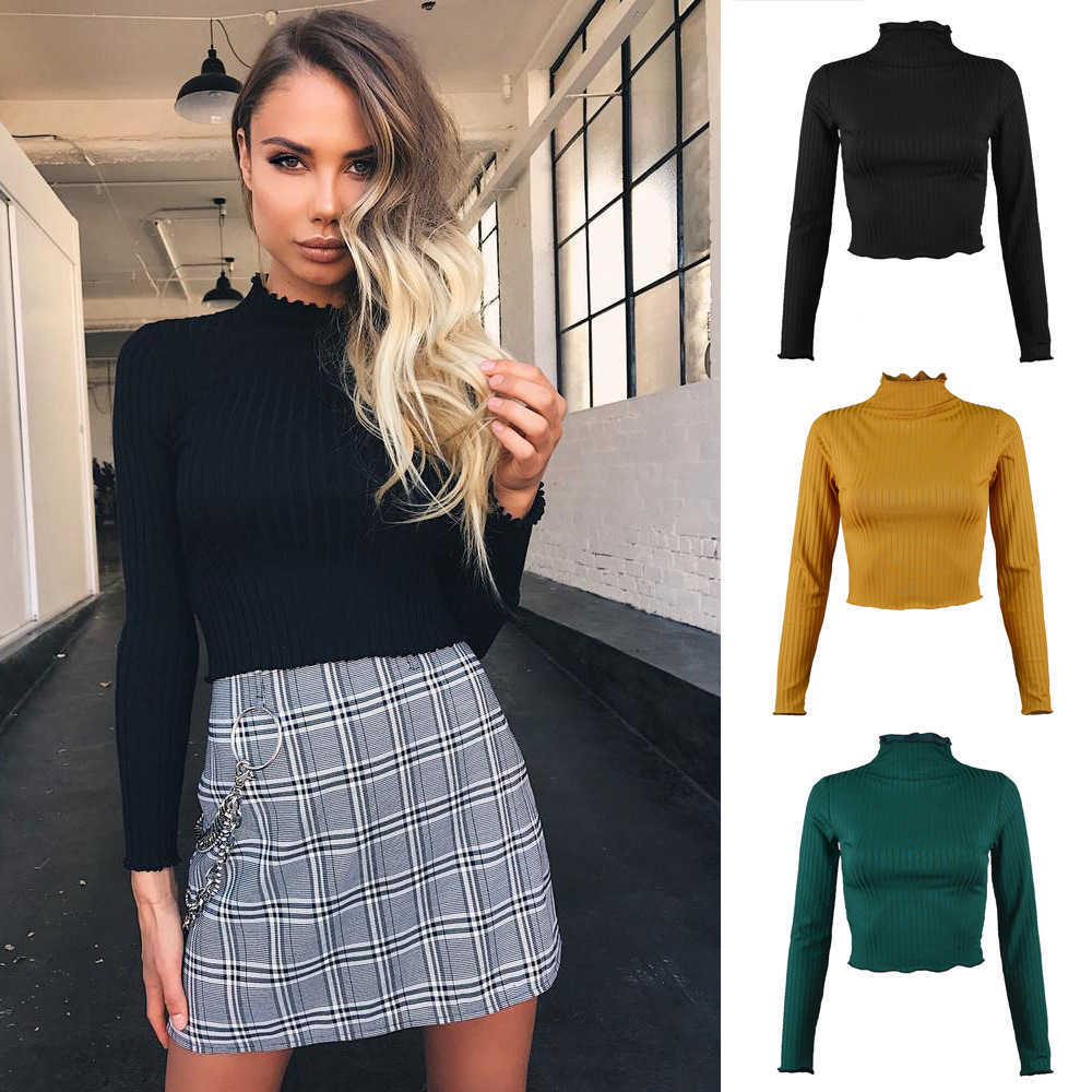 Womens Knits Autumn And Winter Semi High Neck Solid Color Long Sleeved Woman Clothes Knitted T-shirt Slim Fit WoMens Crop Woman Tops 241024