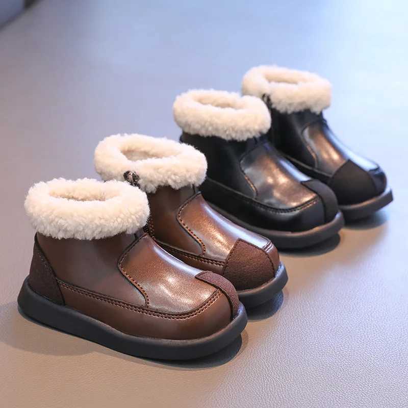 Winter childrens thick soled fluffy girls cotton boots fashion patch work version childrens tight ankle boots side zipper M241102