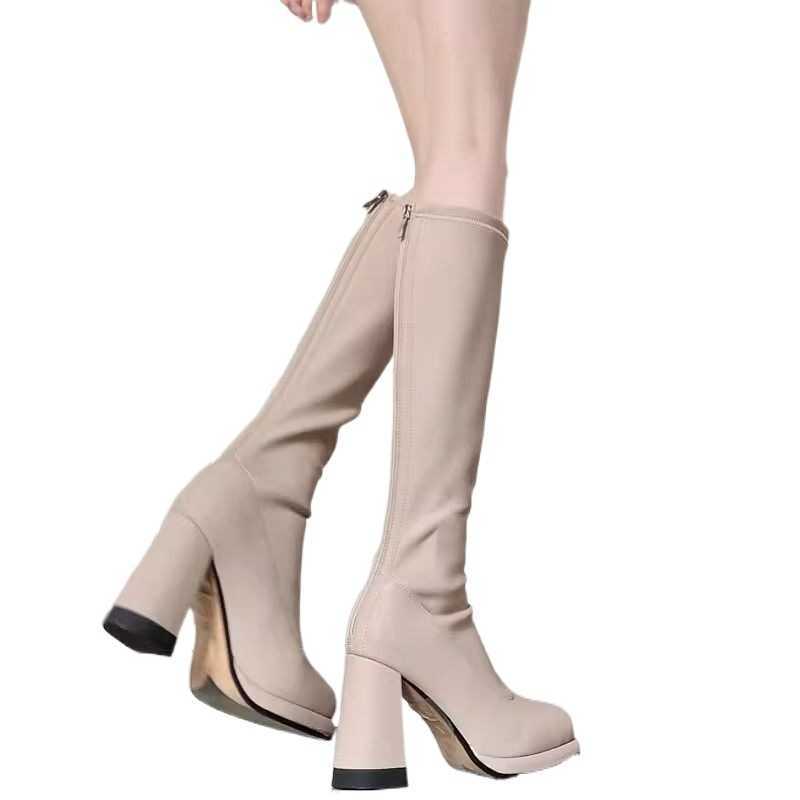 CMM Look Slimmer! Short Long Tube Boots Womens High Heels Spring and Autumn Collection Milk Tea Color Thick Heel Height Increasing Square Toe Boots