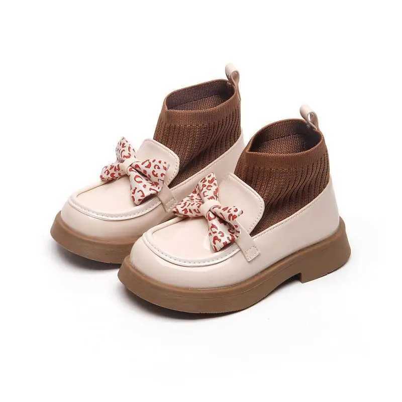 Girls Autumn Bow Leather Shoes Knitted Boots Childrens Leather Shoes Girls Princess Anti slip Ankle Boots Children M241102