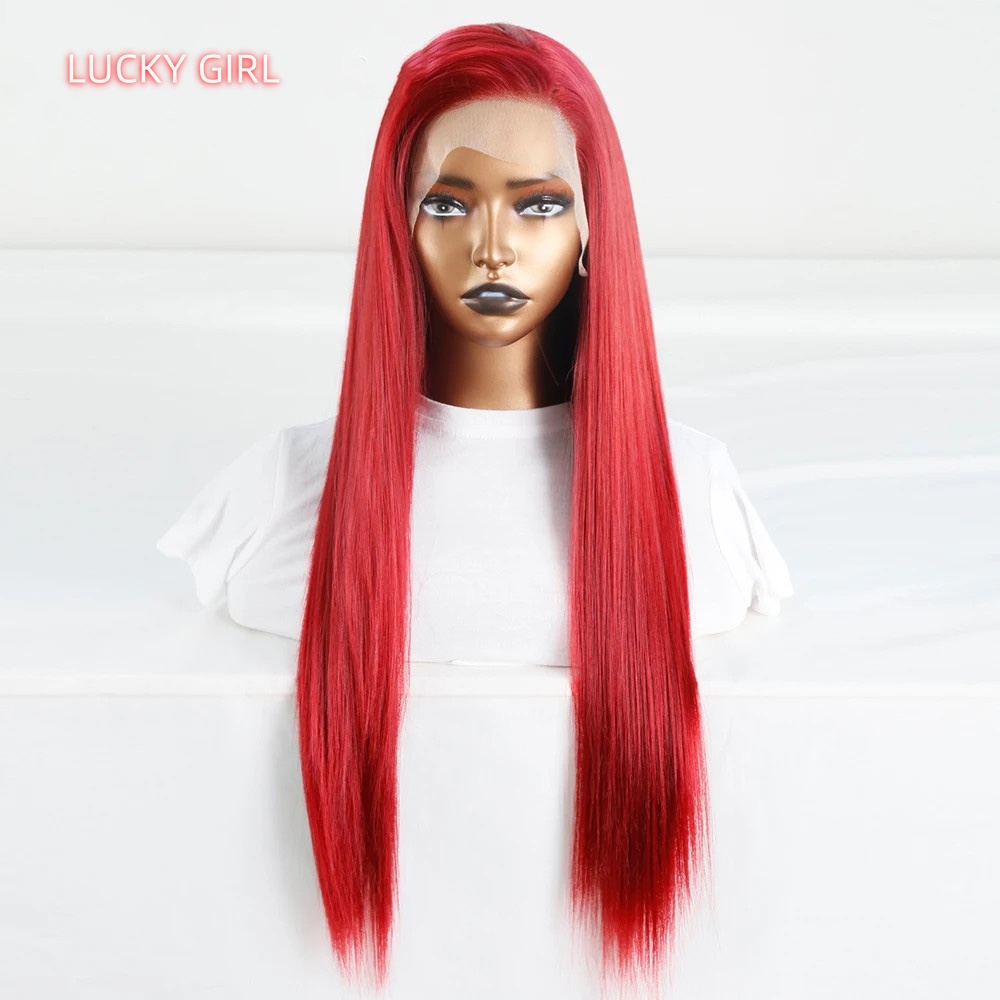 Bombshell Wine red 13*4 Synthetic Hair Front Lace Wig Glueless Heat Resistant Fiber Hair Natural Hairline Free Parting Women Korean high temperature f