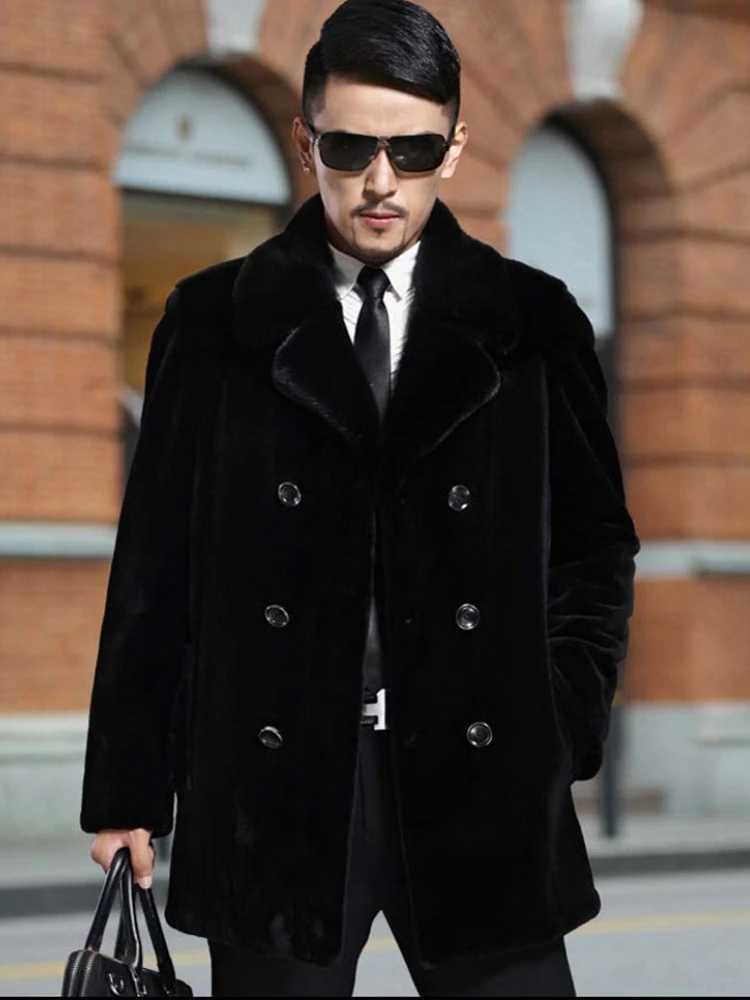 Winter Faux Fur Coat Men Thick Warm Windbreaker Long Sleeve Double-breasted Suit Collar Fur Coat Plus Size Slim Fit JacketXJ241102