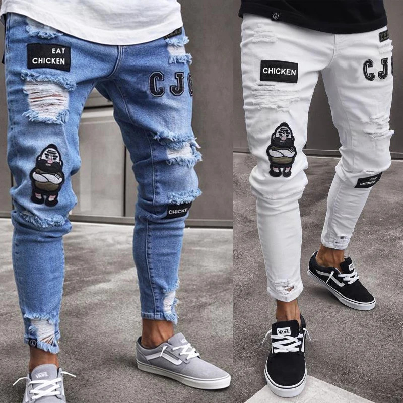 Men Stretchy Ripped Skinny Biker Embroidery Cartoon Print Jeans Destroyed Hole Slim Fit Denim High Quality Hip Hop Black Jeans 240319