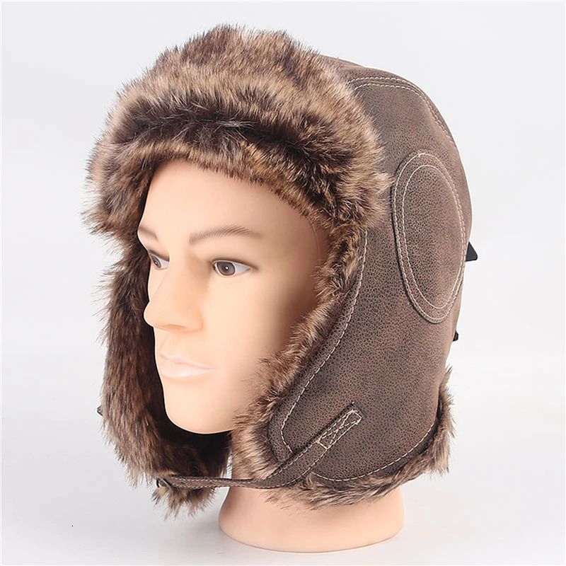 Winter hat mens pilot bomber trap hat artificial fur snow hat with ear flaps windproof and warm Lei Feng hat 241031