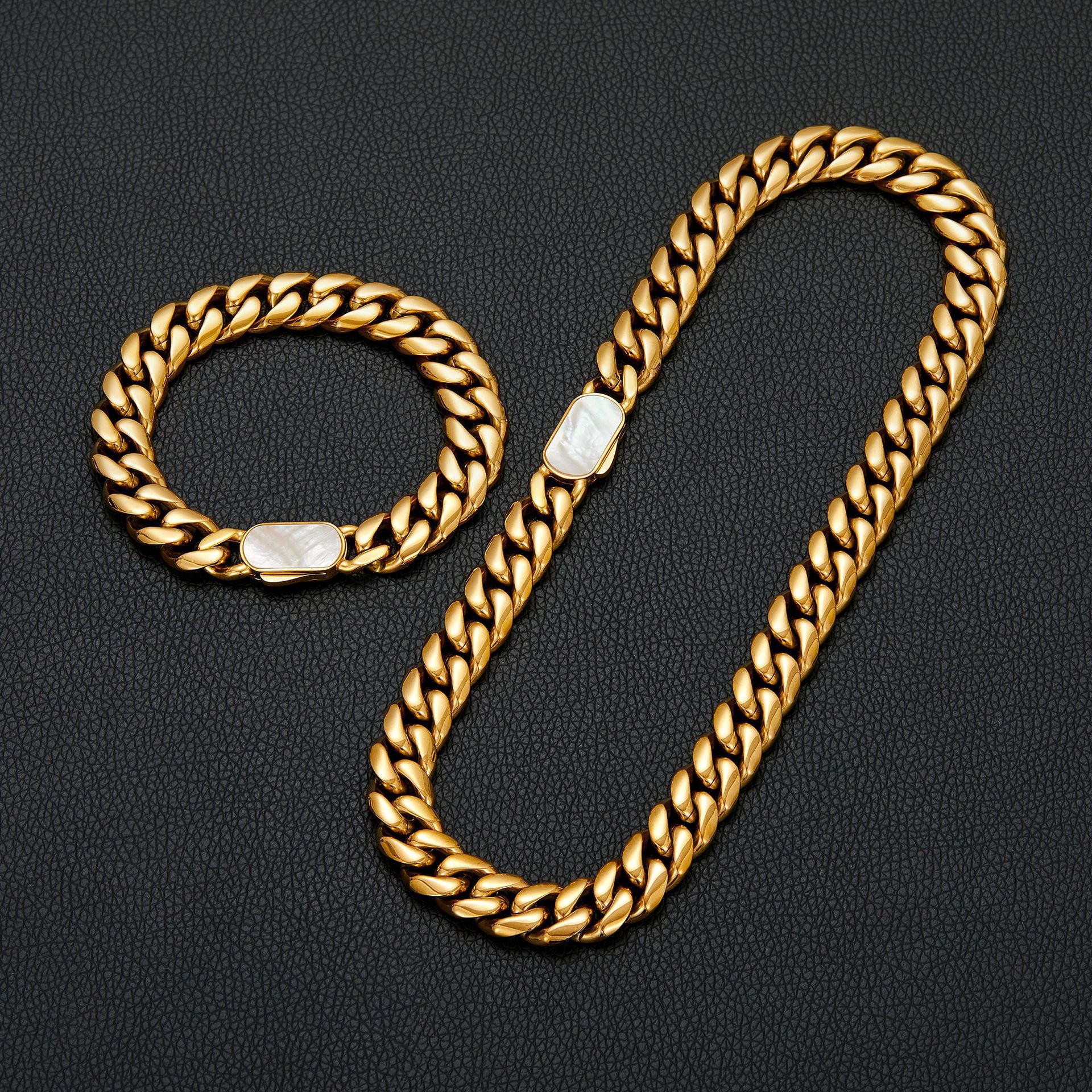 Stainless Steel Miami Cuban Chain Necklace Bracelet Shell Clasp 18K Gold Plated