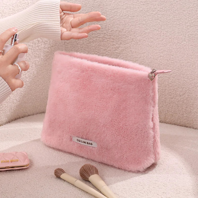 Ctue Plush Makeup Bag Womens Suqare Makeup Bag Wallet Storage Organizer Bag Portable Womens Zipper Makeup Bag Handbag 241031