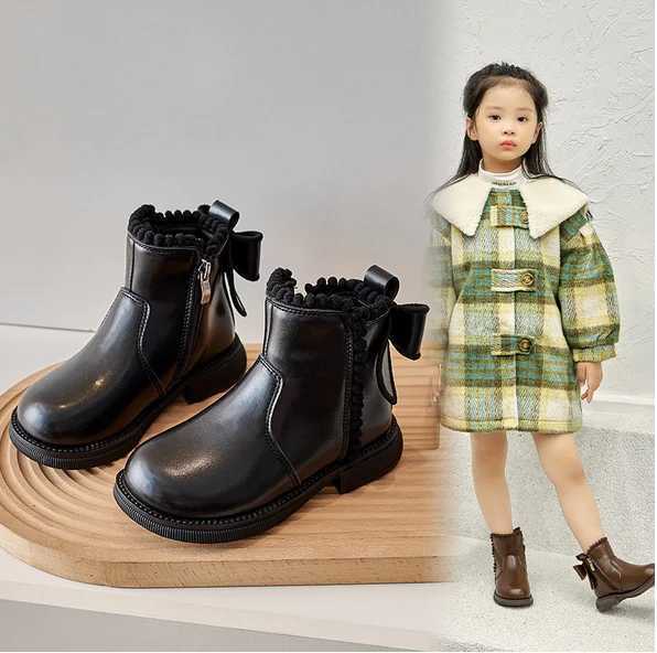 Girls short boots with back button childrens ankle boots soft sole new girls princess leather boots with warm cotton edge zipper M241102