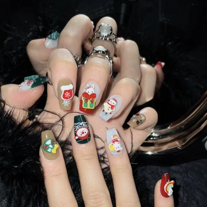 Santa Claus Winter Handmade Knitted Nail Starlight Shining Fake Nail Cartoon Cute Rabbit Snowman Nail Art Patch Christmas Gift 241031