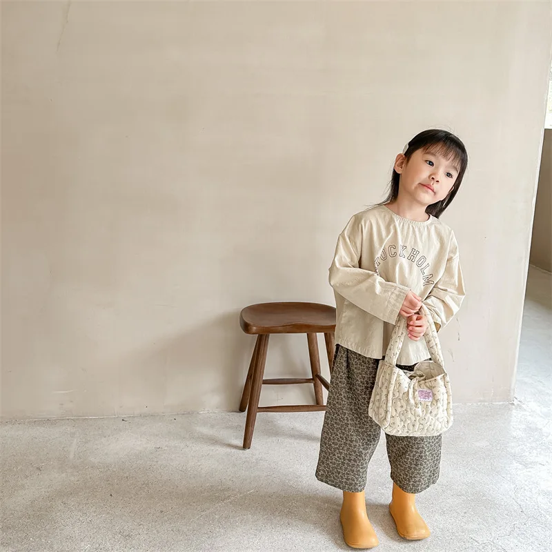 4845B Children's Pant new 2025 2023 Spring Summer New Korean Girl's 9-point Pants Floral Casual Pants Boy's Pant Trousers