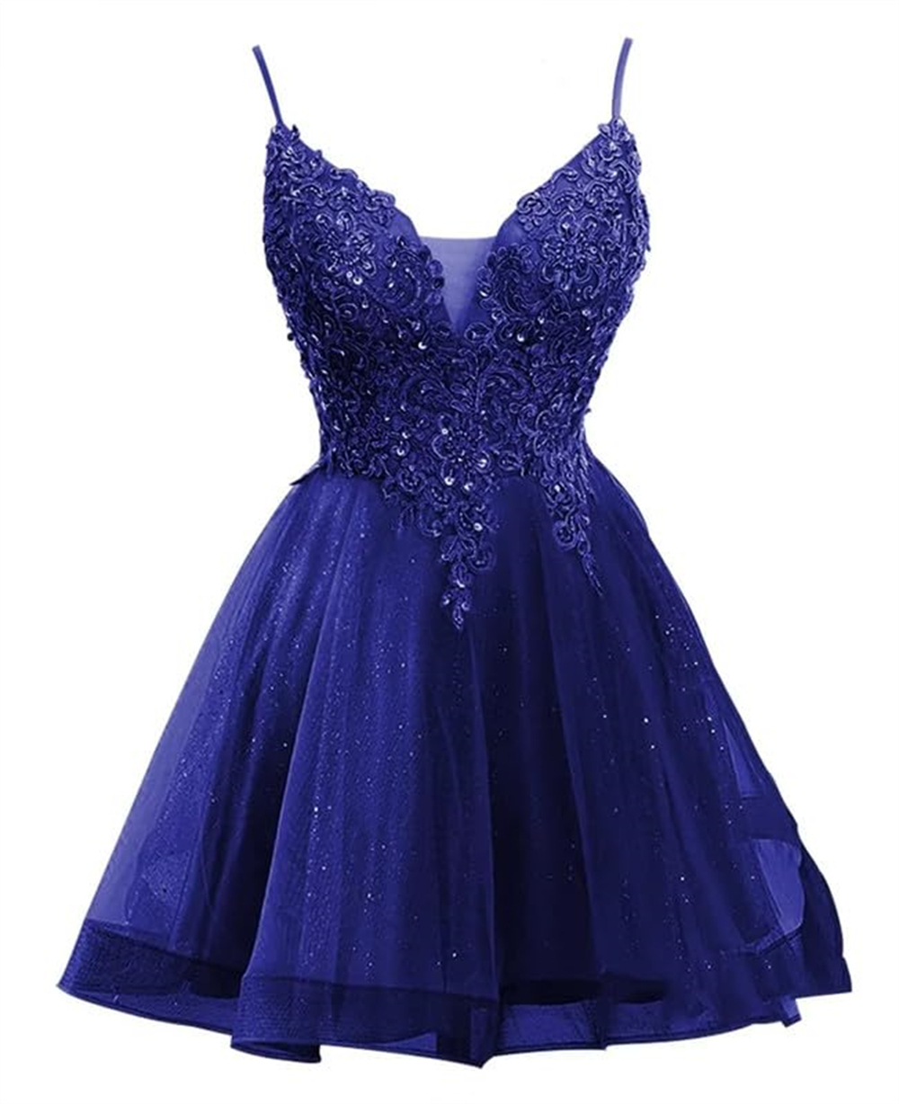 Short Homecoming Dresses Deep V-Neck Appliques Sequins Beading Tulle Lace-up Ball Gown Cocktail Formal Occasion Cocktail Prom Party Graudation Gowns H