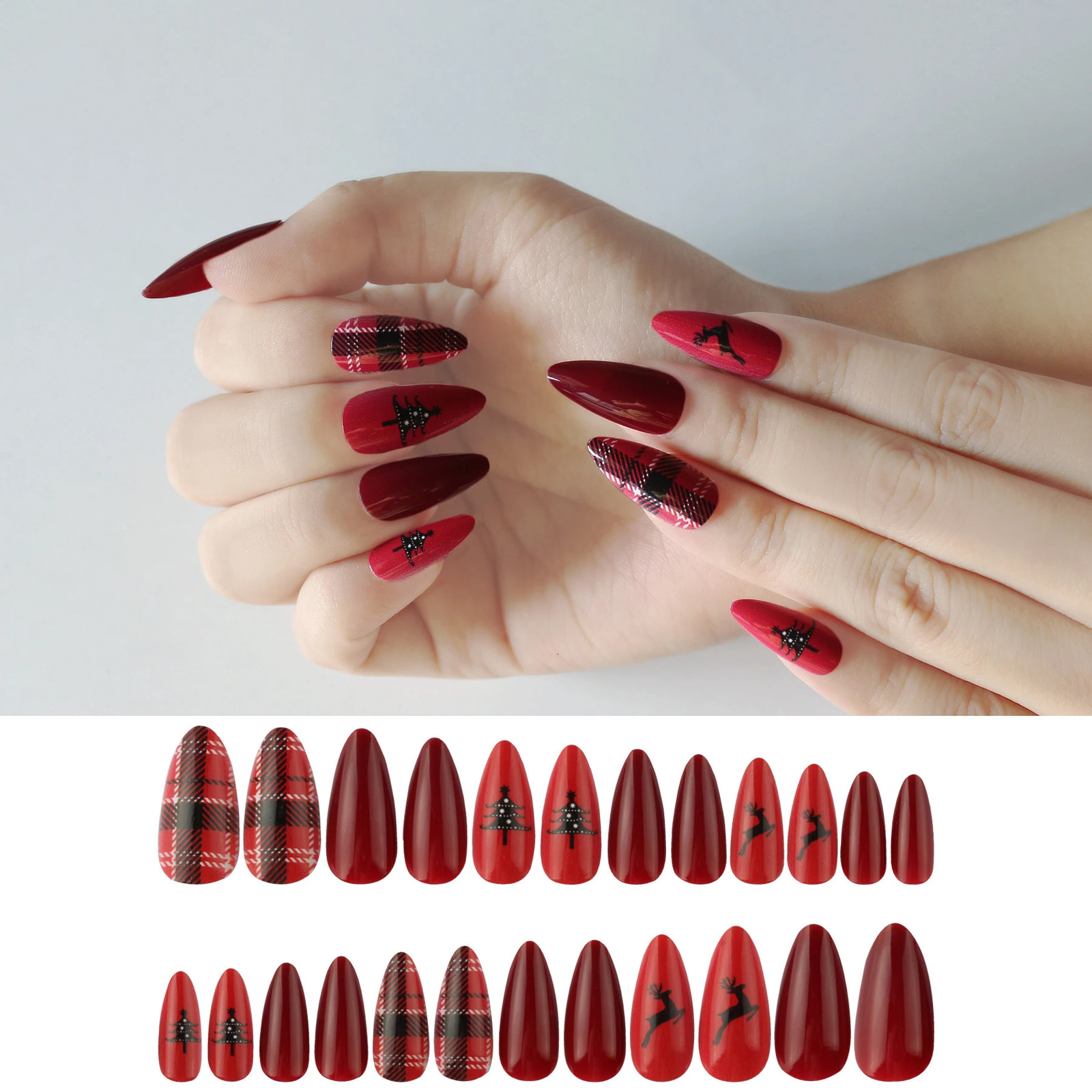 High quality Christmas long almond nail fake nail with sticker adhesive nail pressed on the nail with jelly adhesive nail art fake nail 241031