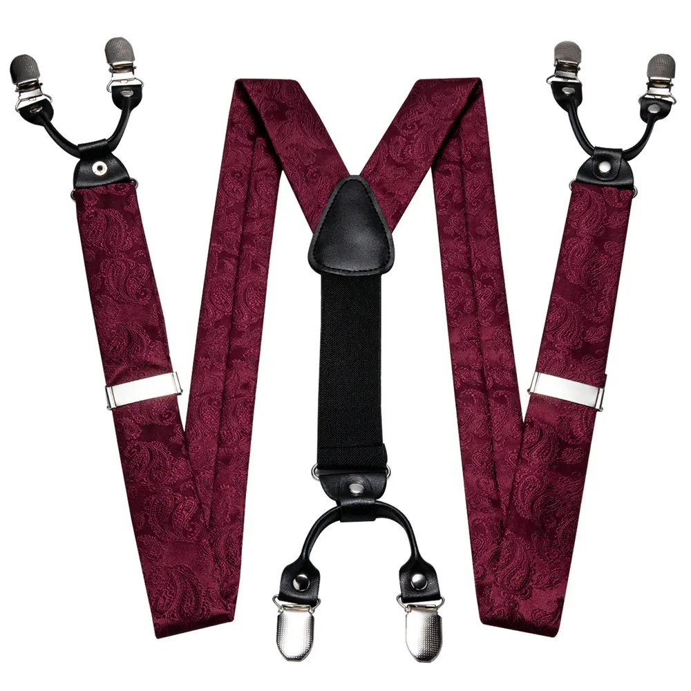 Elegant new Suspenders Men Bury Red Paisley 2025 Silk Jacquard Pre-Bow Tie Handkerchief Cufflink Set Barry.Wang Designer Wedding Gift