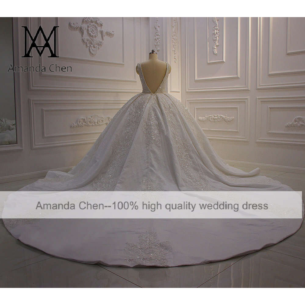Longue Robe Cap Sleeve Low Cut V Neck Lace Applique Backless Wedding Dress