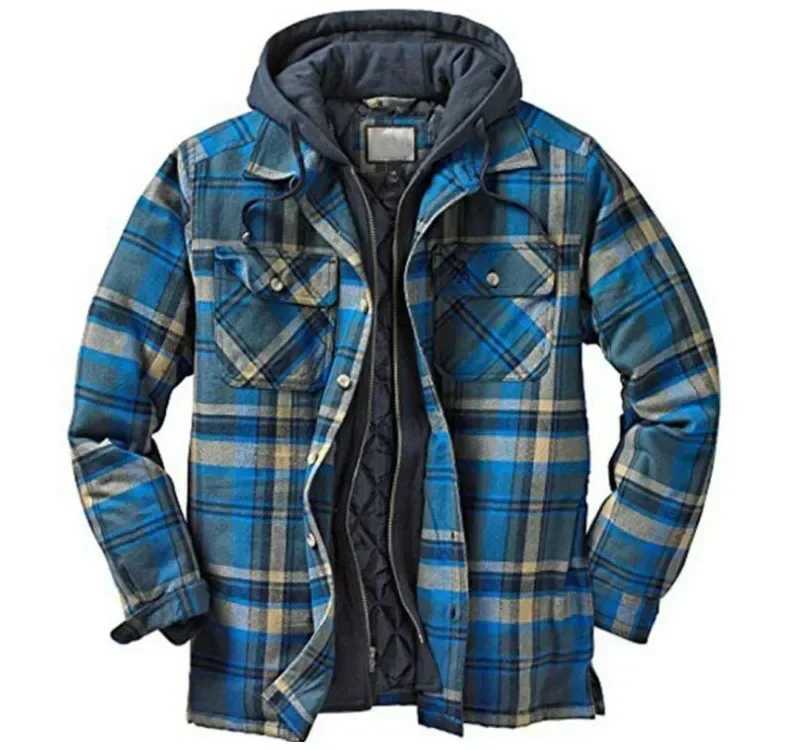 Mens long Sleve winter hooded jacket Flce lining flannel plain shirt jacket button up Sherpa jacket with hood W241102