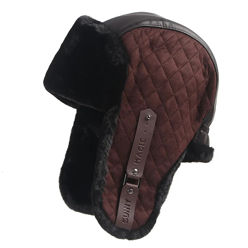 winter mens hat with earrings ious PU leather faux fur bomber hat Ushanka outdoor warm trap hat from Russia mens 241031