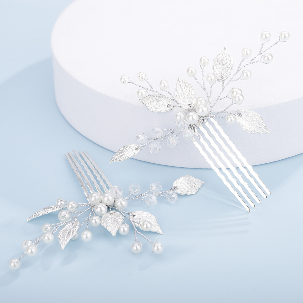 3PCS Gold Hair Comb for Wedding Pearl Crystal Leaf Bridal Head Piece Handmade Vintage Hair Accessories Jewelry Chic Party Tiaras