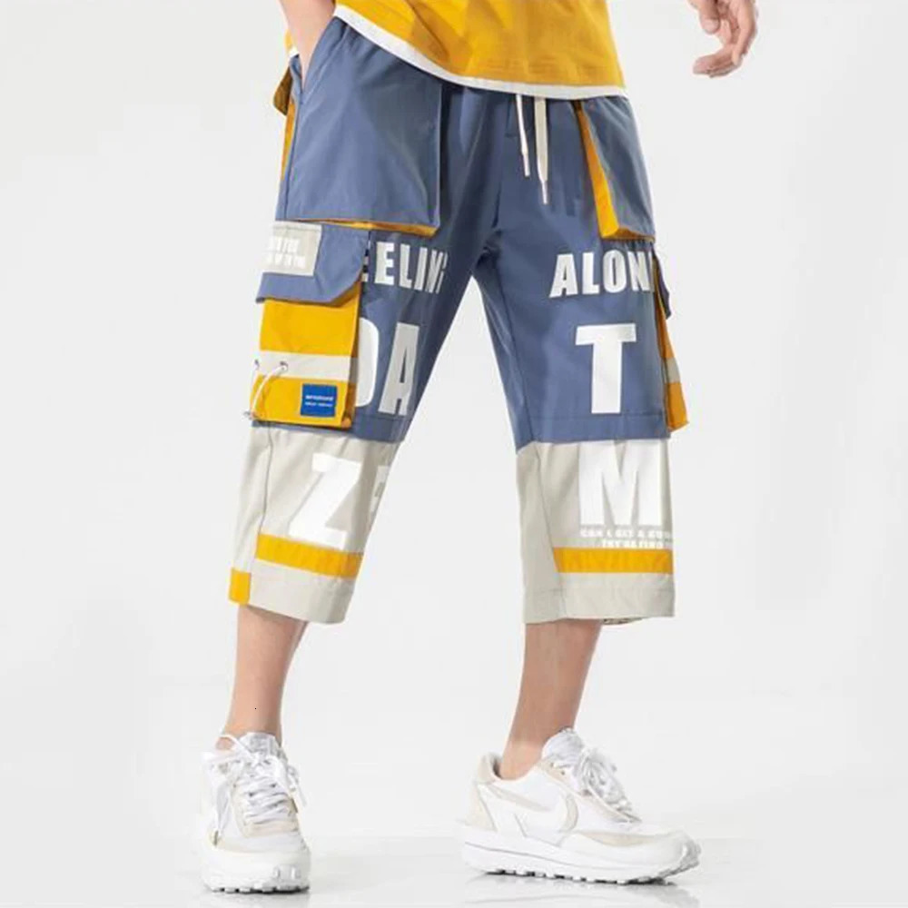 Summer Fashion Men Shorts Casual Hiphop Streetwear Harajuku Pocket Cargo Color Contrast Patchwork Print Street Retro Japan 240321