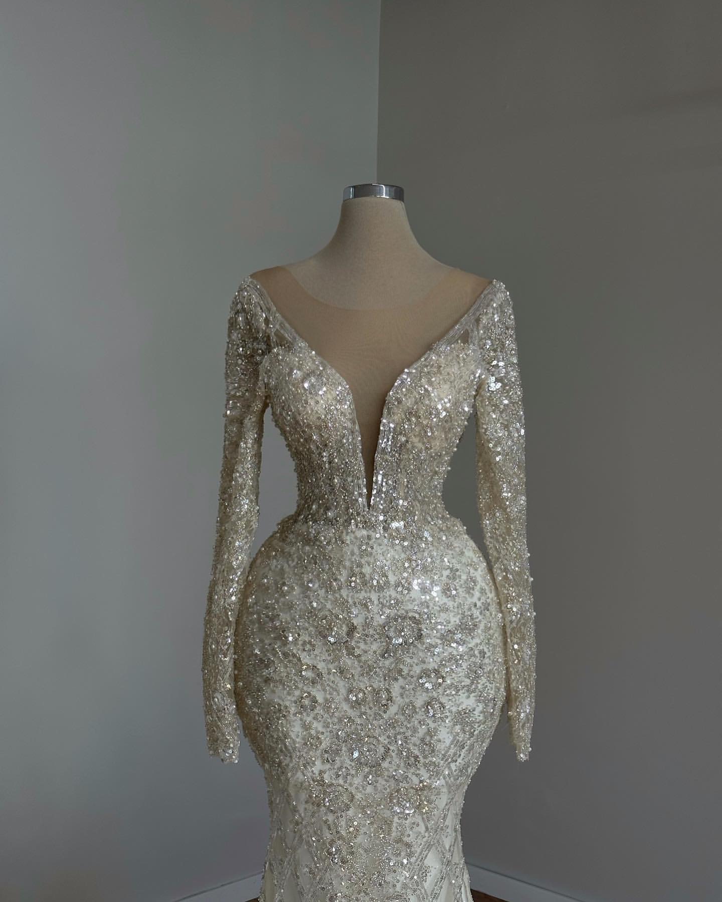 Champagne Chart Light Mermaid Dress Sheer Neck Saudi Arabic Beaded Wedding Dresses Long Sleeves Dubai Bridal Gowns Es