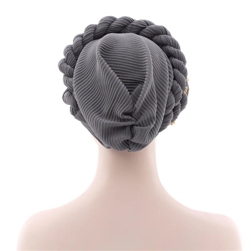 Rippled Muslim Women Hijab Hat Double Braid Diamonds Turban Cap Lady Cancer Chemo Caps Female Beanie Bonnet Hair Loss Cover
