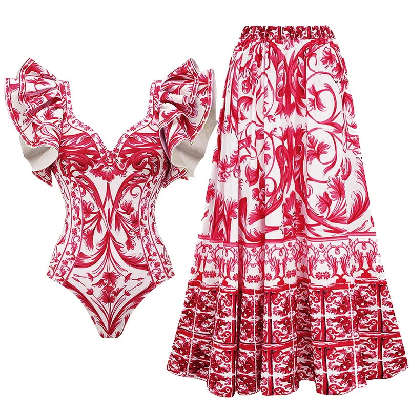 Women Swimwear 2PC Coverup Swimsuit Ruffle Solid Printed Deep V Onepiece Monokini Kimono Bikini Suit Summer Beachwear 240402