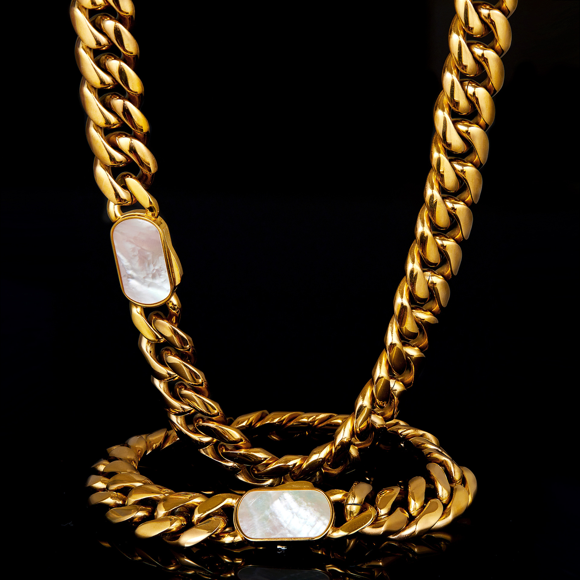Stainless Steel Miami Cuban Chain Necklace Bracelet Shell Clasp 18K Gold Plated