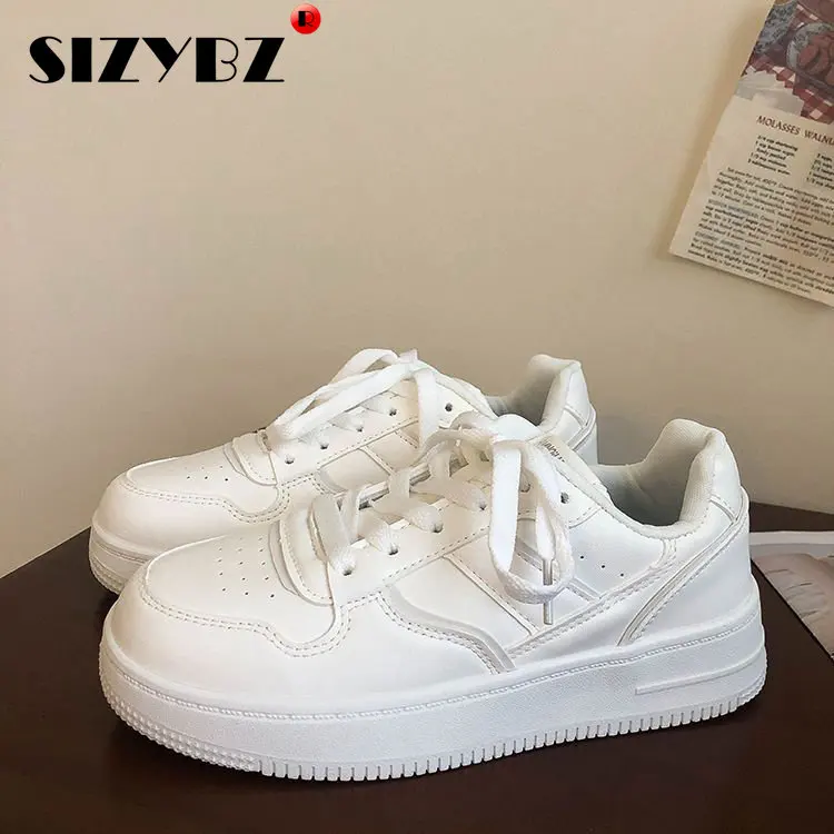 New Sneakers Women Solid Color Lace-up Flat Bottom Small new White Shoes Thick Soles Round Toe Shoes 2025 Woman Student Board Shoes
