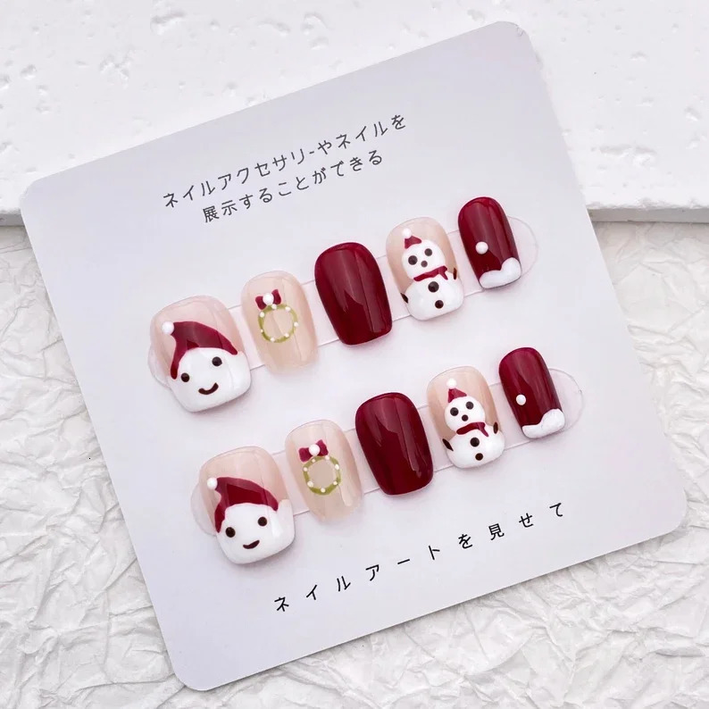 Cute Snowman Reindeer Christmas Pressing Nail/Classic Burgundy Deep Green Nail/Acrylic Fake Nail Set Art n/ Year Gift 241031