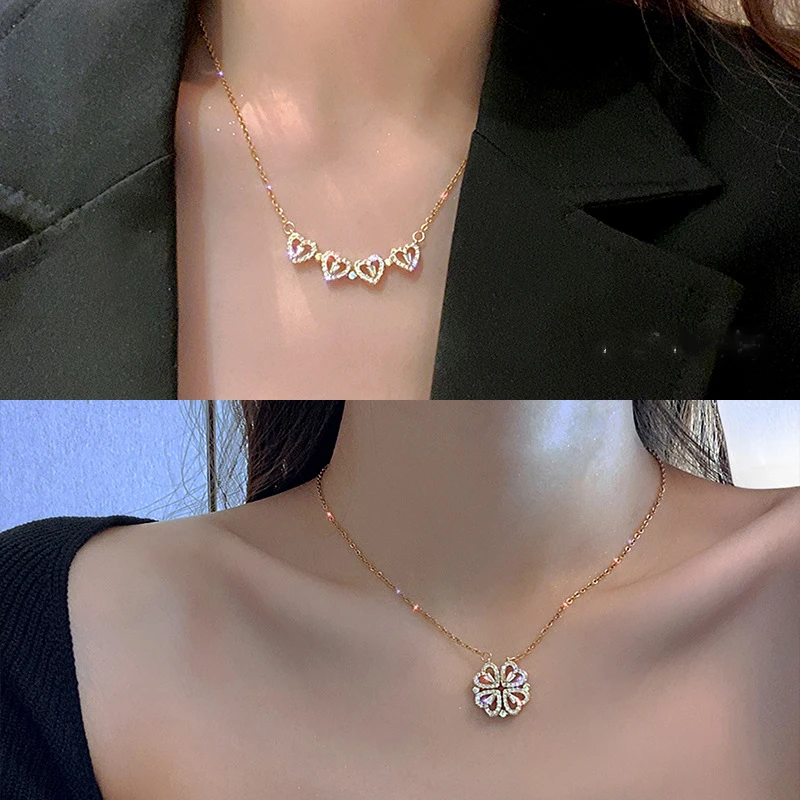 Retro Magnetic Folding Heart 2025 Shaped Four Leaf Clover Pendant Necklace Women Love Clavicle Chain new Gifts Openable Choker Jewelry