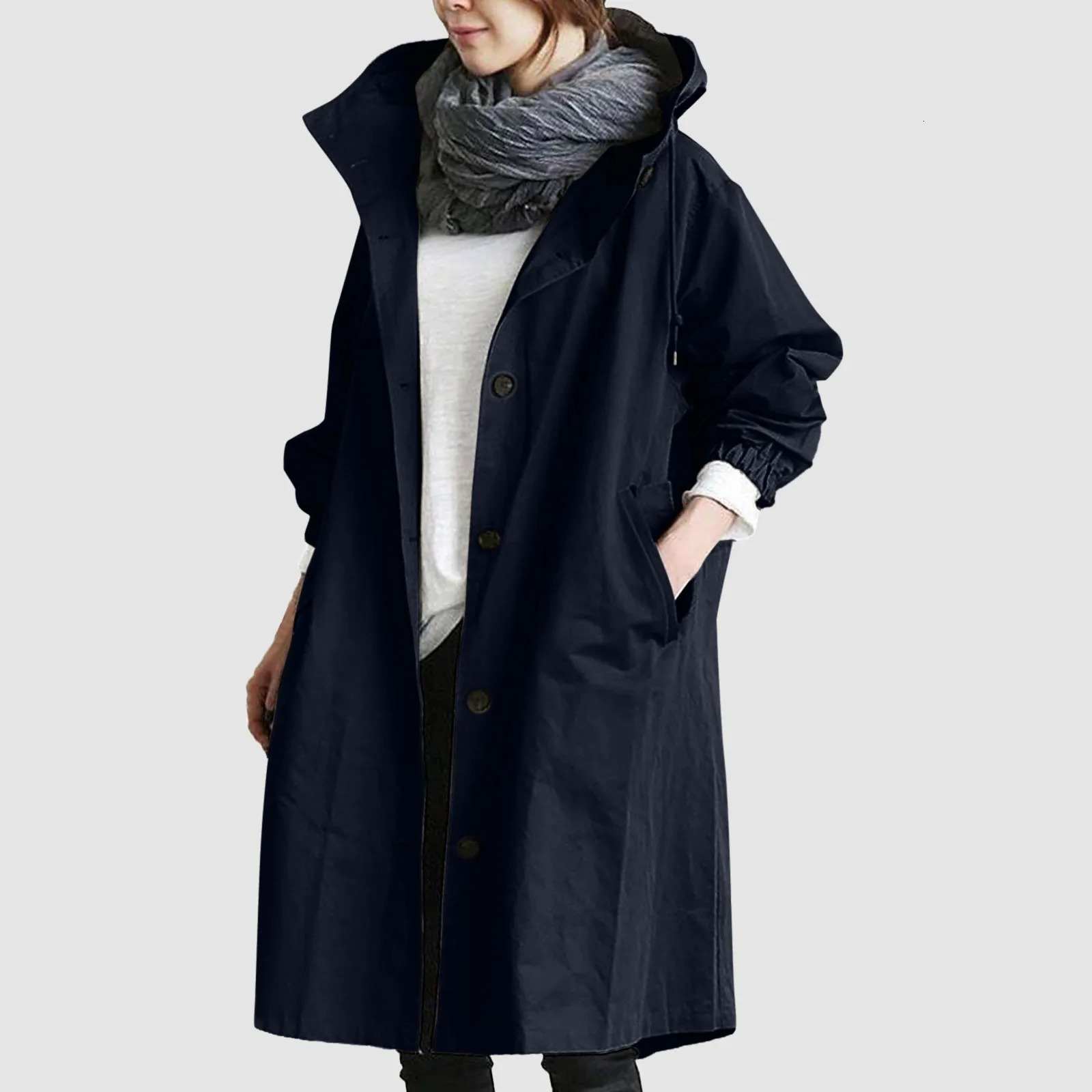 Fashionable womens long trench coat womens solid color elegant windproof coat loose and comfortable hooded warm womens raincoat 241031