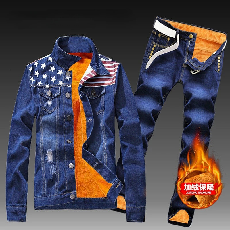 Autumn and winter mens jeans set simple blue long sleeved wool jacket and jeans two-piece casual denim set free gift 241030