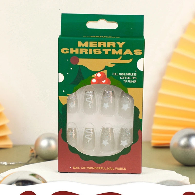 Christmas Holiday Square Medium length Pressing Nail Diamond Fake Nail Winter Smooth Full Cover Fake Nail 241031