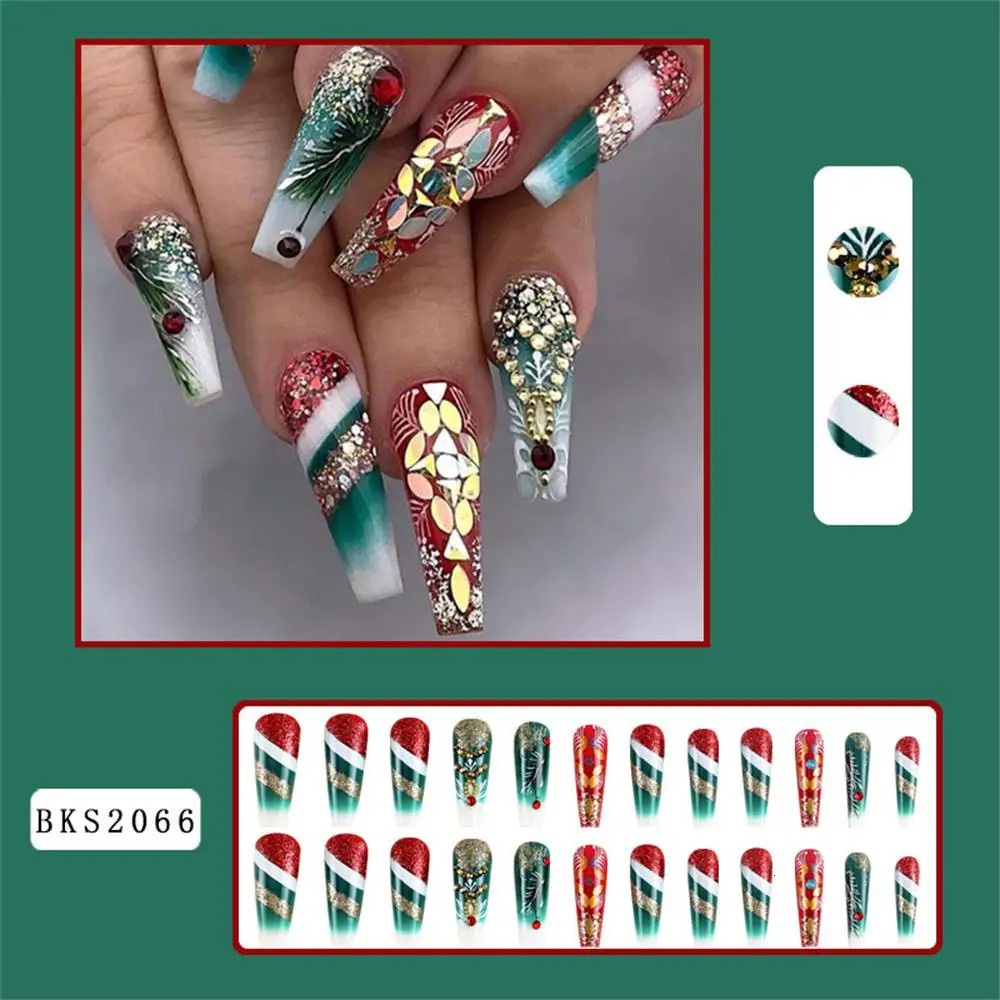 Christmas wearable long style fake nail set with reindeer snowflake n artificial acrylic full set pressing nail tips 241031