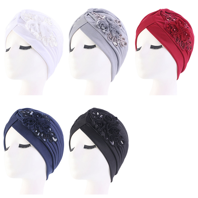 2023 New Ladies Sequin Flower Turban Hat Muslim Pleated Indian Inner Hijabs Sleep Cap 2025 Head new Wrap Women Bandana Headwear Boonet