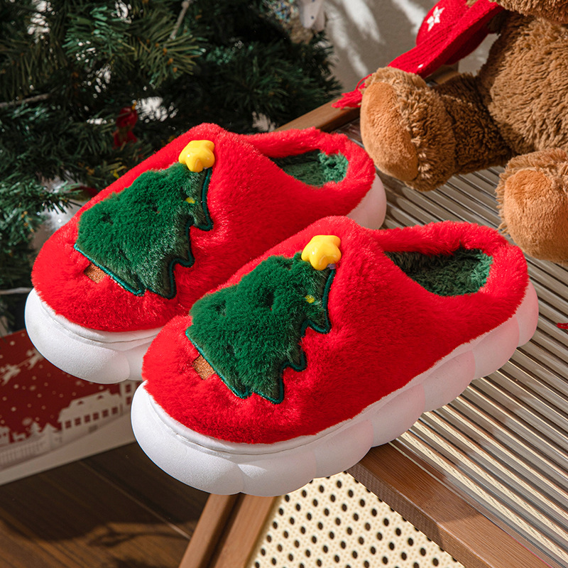 Men's and Women's Autumn Winter Christmas Tree Pattern Home Slippers