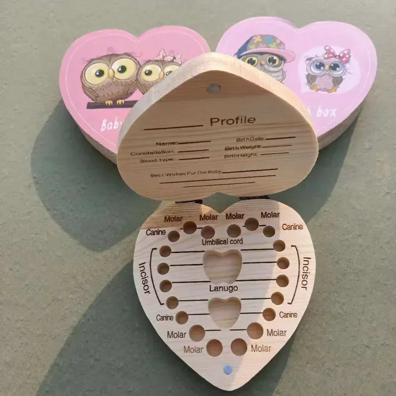 Spanish English Color Wooden Baby Tooth Box Boy Girl Organizer Milk Teeth Storage 2025 Collect new Teeth Umbilica Save for Newborn Gifts