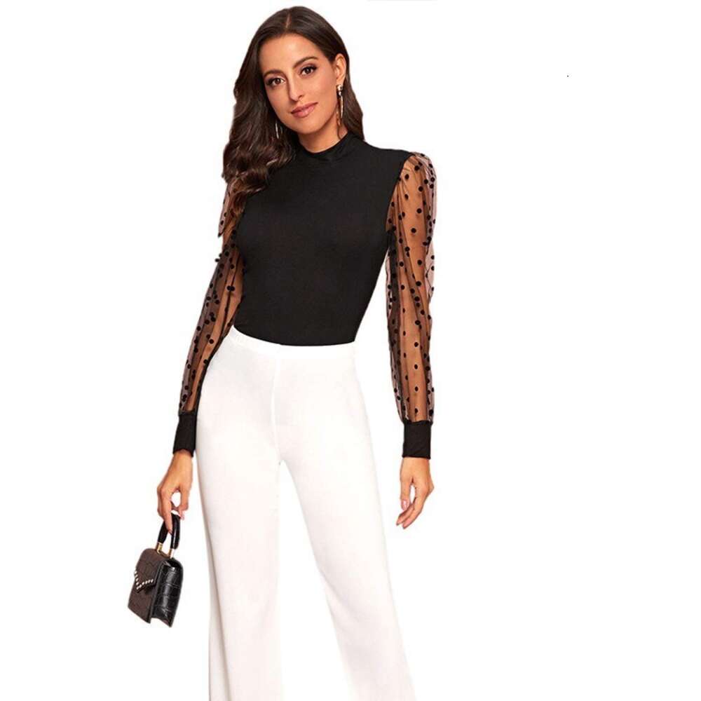 Women's Black Lace Elastic Loose Transparent Polka Dot Long Sleeved Top T-shirt