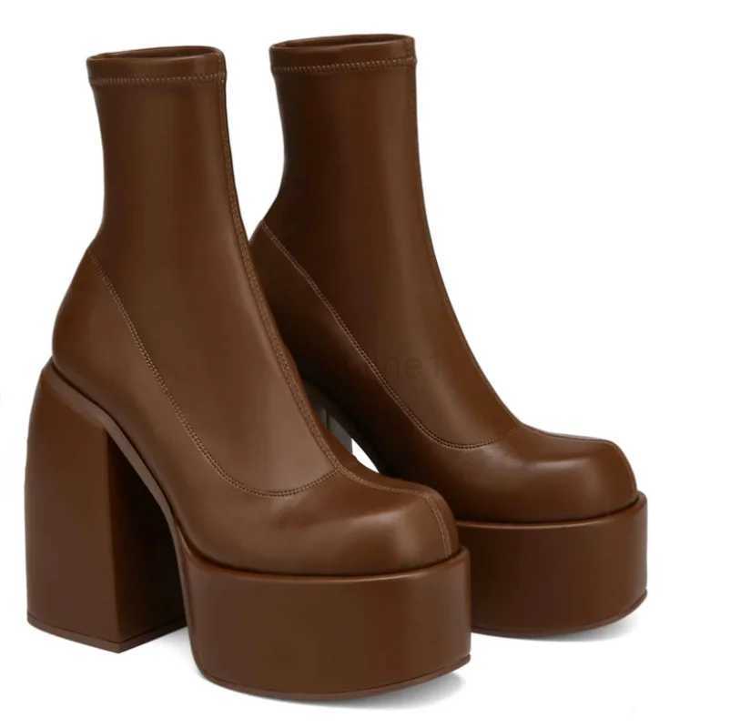 Boot Modern Boots Wen Platform H Round Toe Leather Boot Chunky H Zipper Designer Block Heel Shoes Fi Girls Casual Shoe Z241102