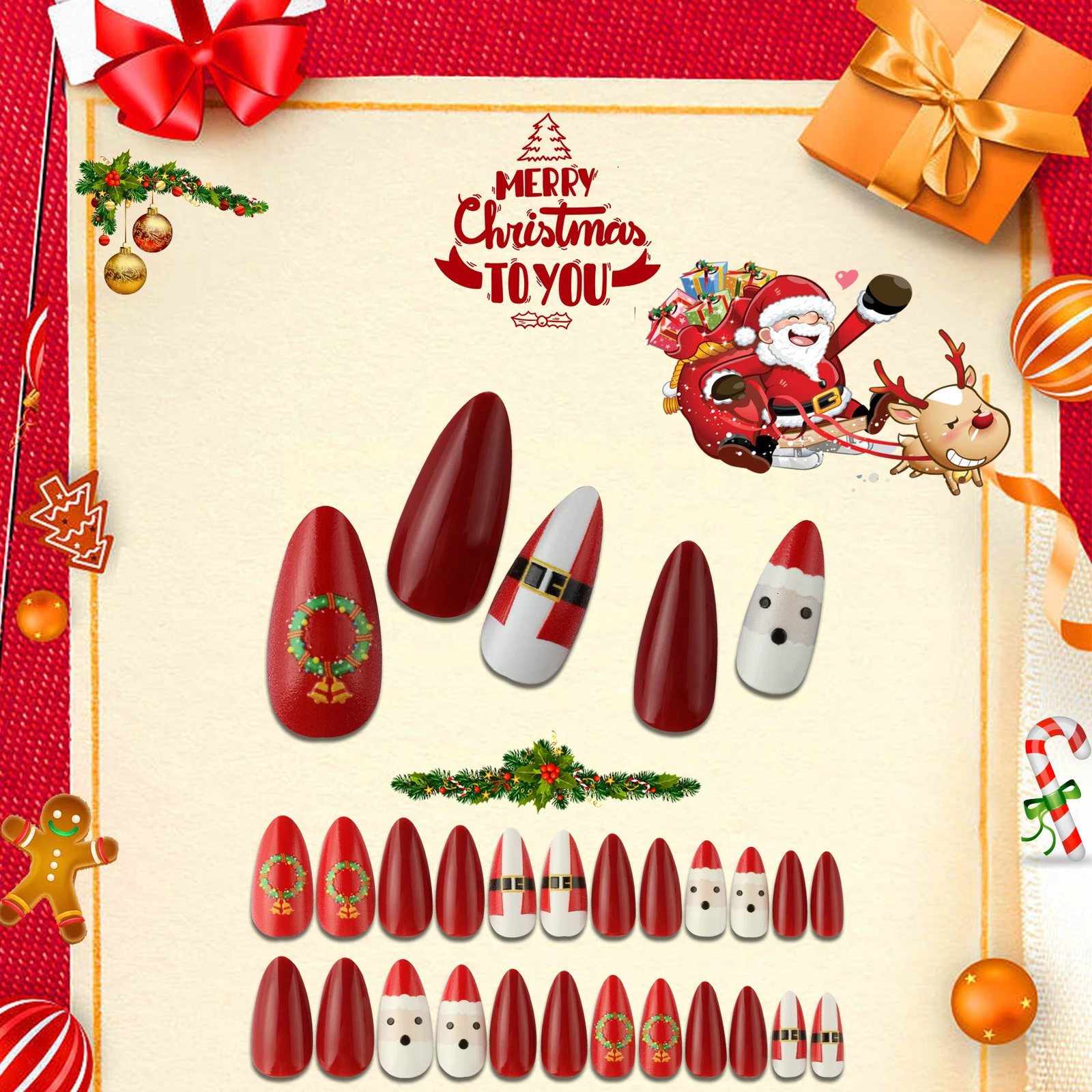 High quality factory wholesale 24/Pcs DIY fake nails Christmas long diamonds fake finger nails Art fake nails 241031