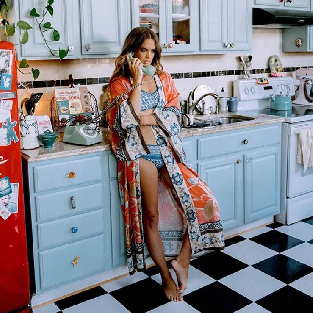 Floal Bikini Cover-ups Pink Boho Print Self Belted Front Open Long Kimono Dress Beach Tunic Women Swim Suit Cover Up 240315