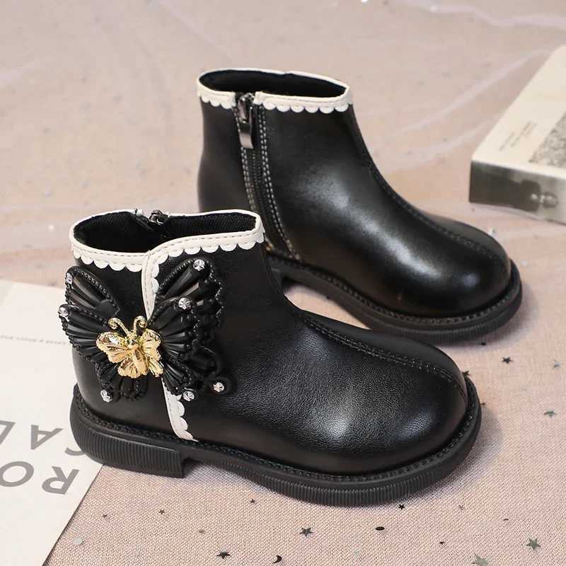Girls fashionable butterfly boots elegant childrens short leather boots fashionable childrens sweet princess boots round toe anti slip M241102