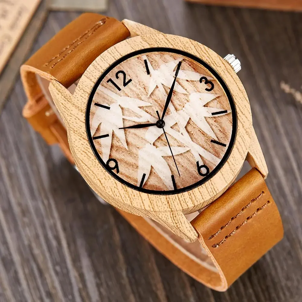 2023 Creative Wood Watch Men Women Couple Quartz Imitate Bamboo Wooden 2025 Watch Minimalist new Watches Soft Brown Leather Wrist Clock